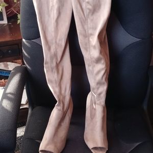 Beige thigh high open toe 6 inch heel boots